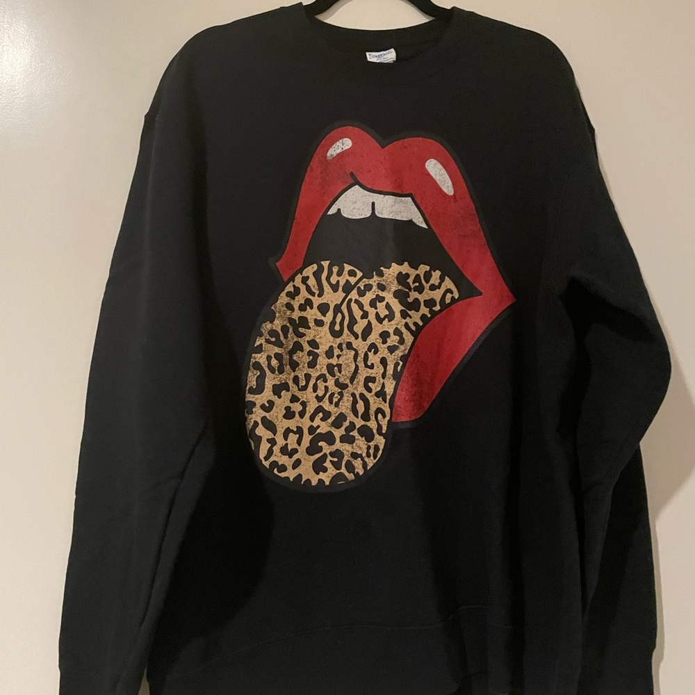 Black Sweatshirt with Red Lips and Leopard Tongue